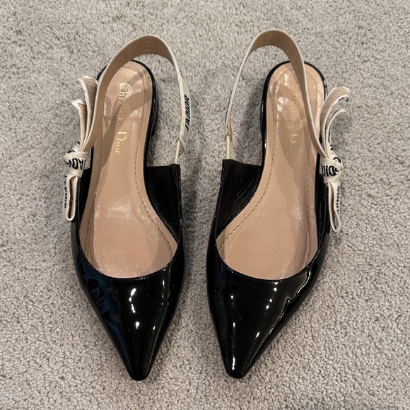 Dior Shoes - Dior J’Adior Black Patent Leather Pointed Slingback Flats with Logo Bow